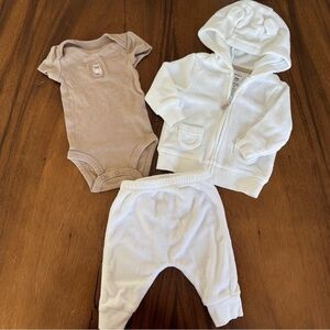Carter’s Baby Neutral Tan Bodysuit, White Terry Cotton Sweat Set Size 3M